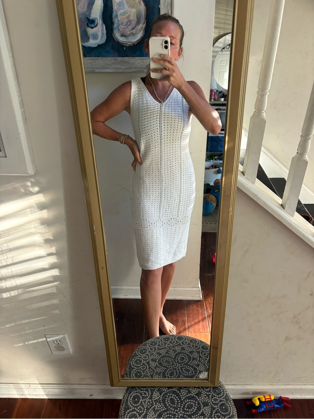 Sleeveless White Knit Sheath Dress